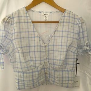 Cropped Vneck blouse white/ light blue